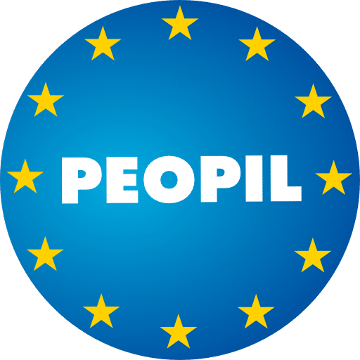 A blue circle with 12 yellow stars around the edge resembling the European Union flag with the acronym PEOPIL in the middle