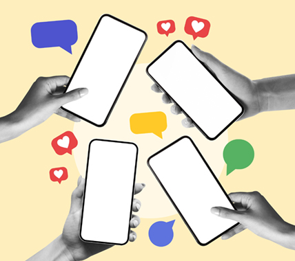illustration of hands holding cellphones surrounded by hearts and speech bubbles