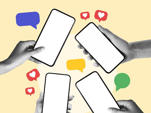 illustration of hands holding cellphones surrounded by hearts and speech bubbles